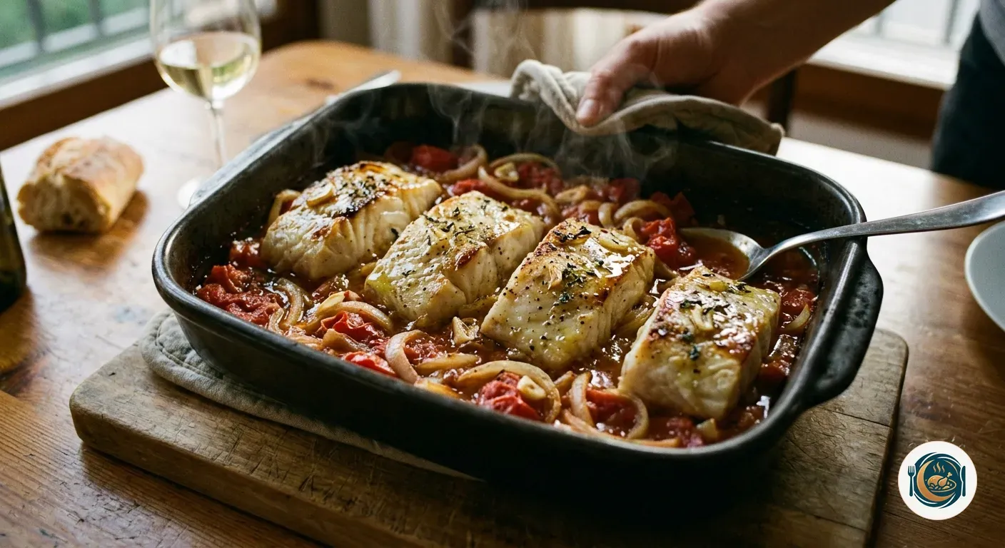 Lomos de bacalao al horno con tomate y cebolla recién salidos del horno en una fuente