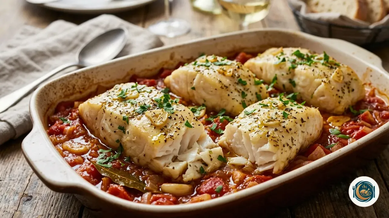 Lomos de bacalao al horno sobre una cama de tomate y cebolla en una fuente