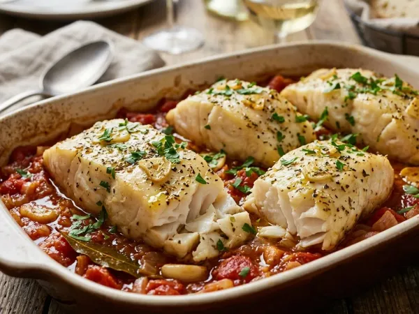 Lomos de bacalao al horno sobre una cama de tomate y cebolla en una fuente