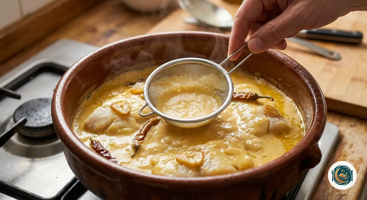 Salsa de bacalao al pil pil ligándose en cazuela con varillas de colador