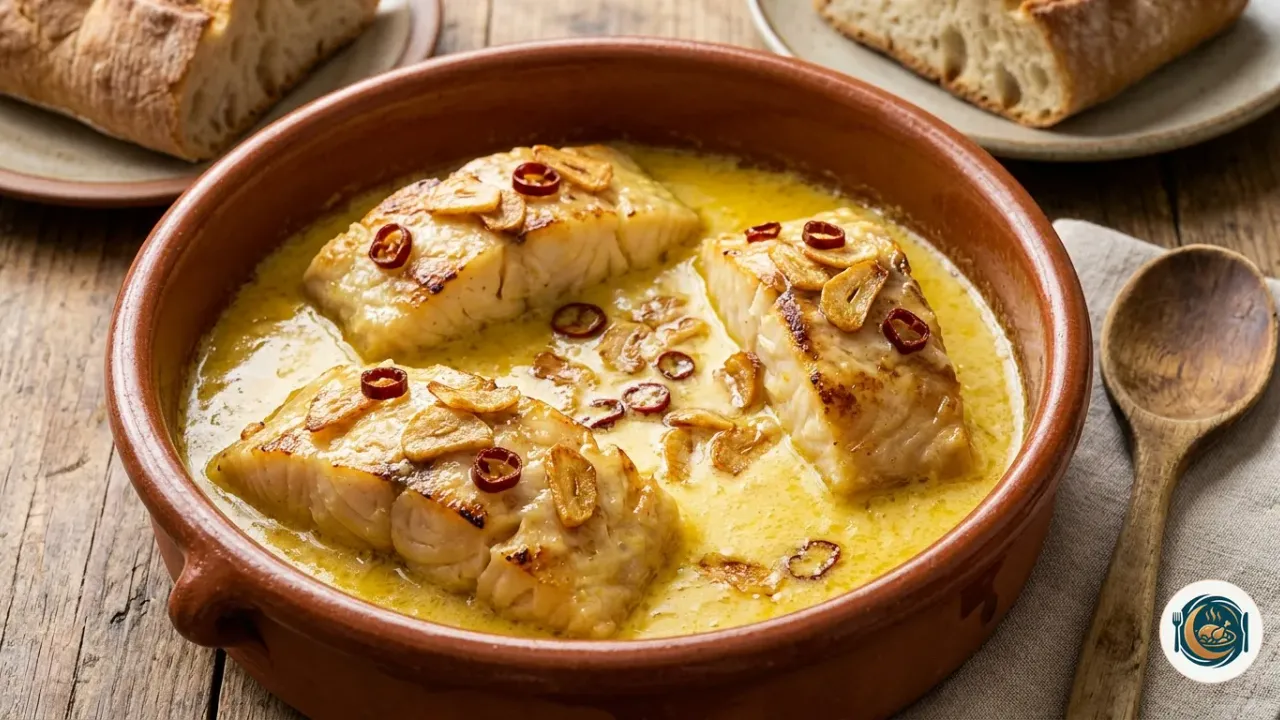 Cazuela de barro con bacalao al pil pil y su salsa amarilla ligada