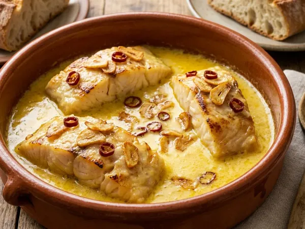 Cazuela de barro con bacalao al pil pil y su salsa amarilla ligada