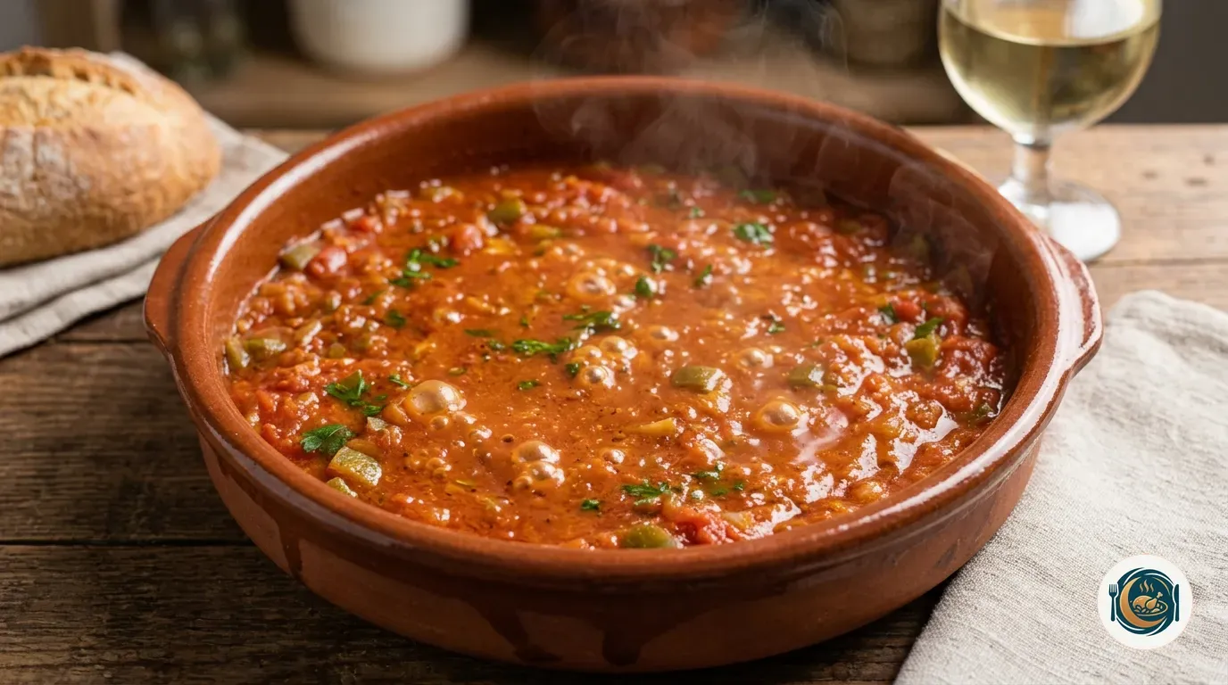 Cazuela con la salsa de tomate reduciendo antes de incorporar los lomos de bacalao