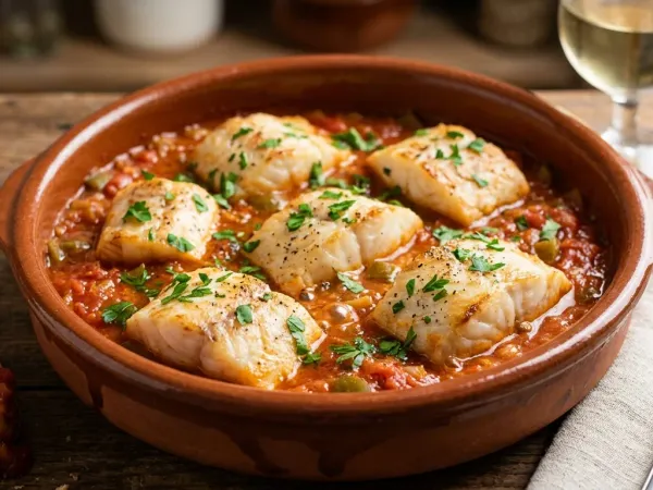 Cazuela de bacalao con tomate con lomos de pescado sobre salsa roja y perejil