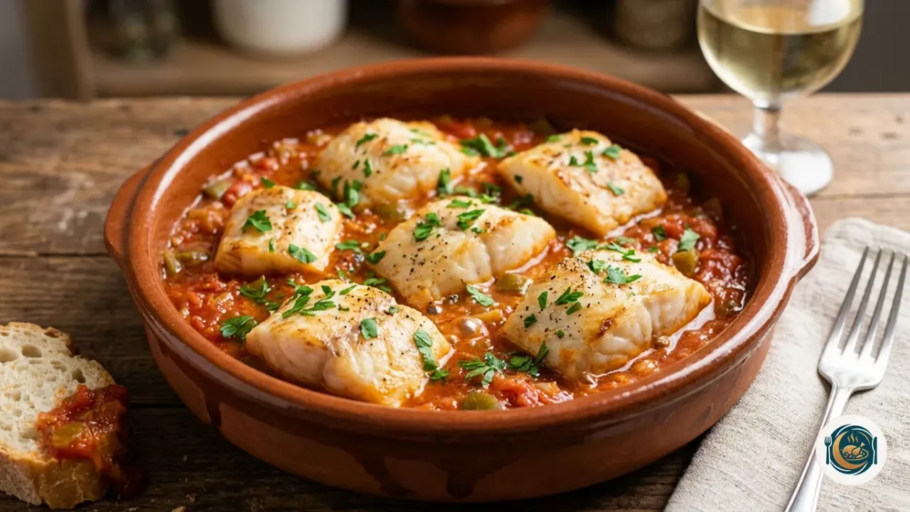 Cazuela de bacalao con tomate con lomos de pescado sobre salsa roja y perejil