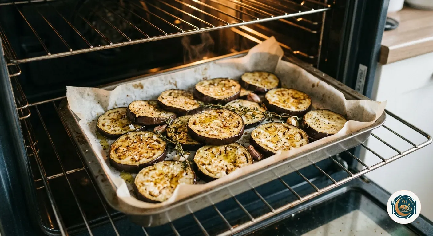 Láminas de berenjena asadas en una bandeja de horno