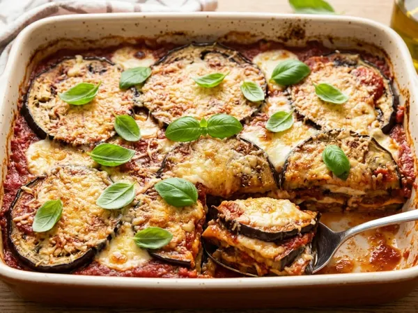 Fuente de berenjenas a la parmesana gratinadas con albahaca fresca