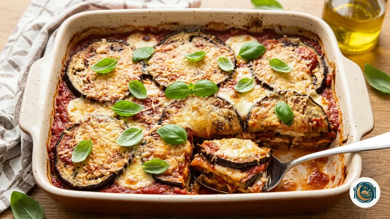 Fuente de berenjenas a la parmesana gratinadas con albahaca fresca