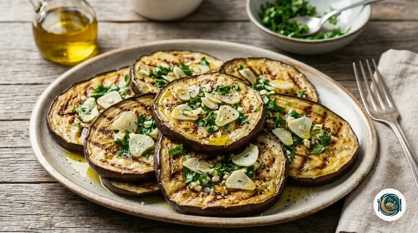 Rodajas de berenjena doradas en la plancha con ajo laminado y perejil picado