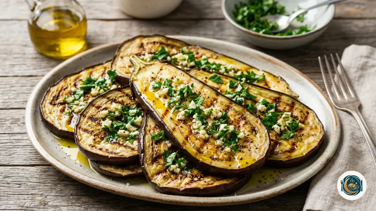 Rodajas de berenjena a la plancha doradas con ajo, perejil y aceite de oliva