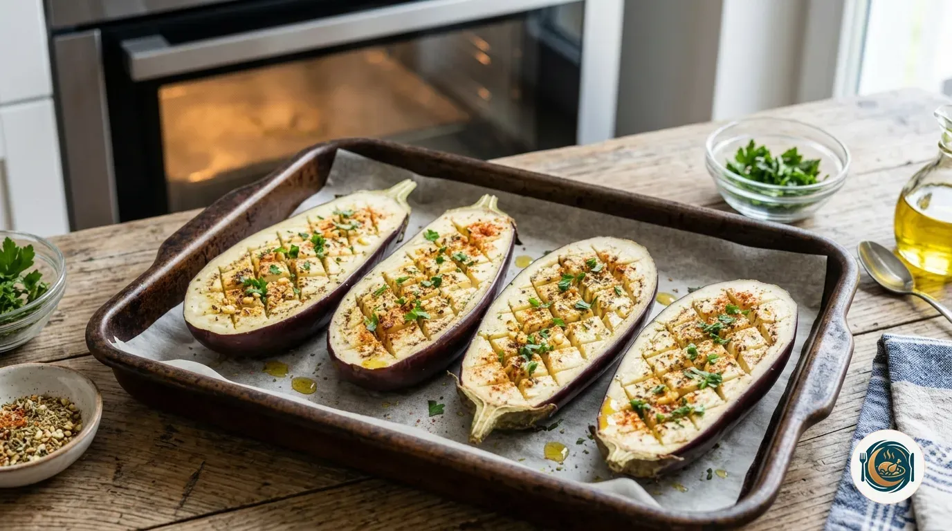 Berenjenas al horno recién aliñadas en la bandeja antes de entrar al horno
