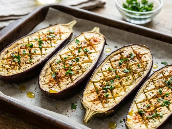 Berenjenas al horno abiertas por la mitad con ajo, orégano y perejil sobre una bandeja