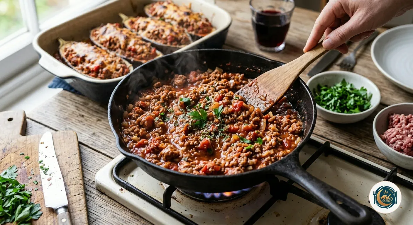 Relleno de carne picada con sofrito de tomate en la sartén para las berenjenas rellenas