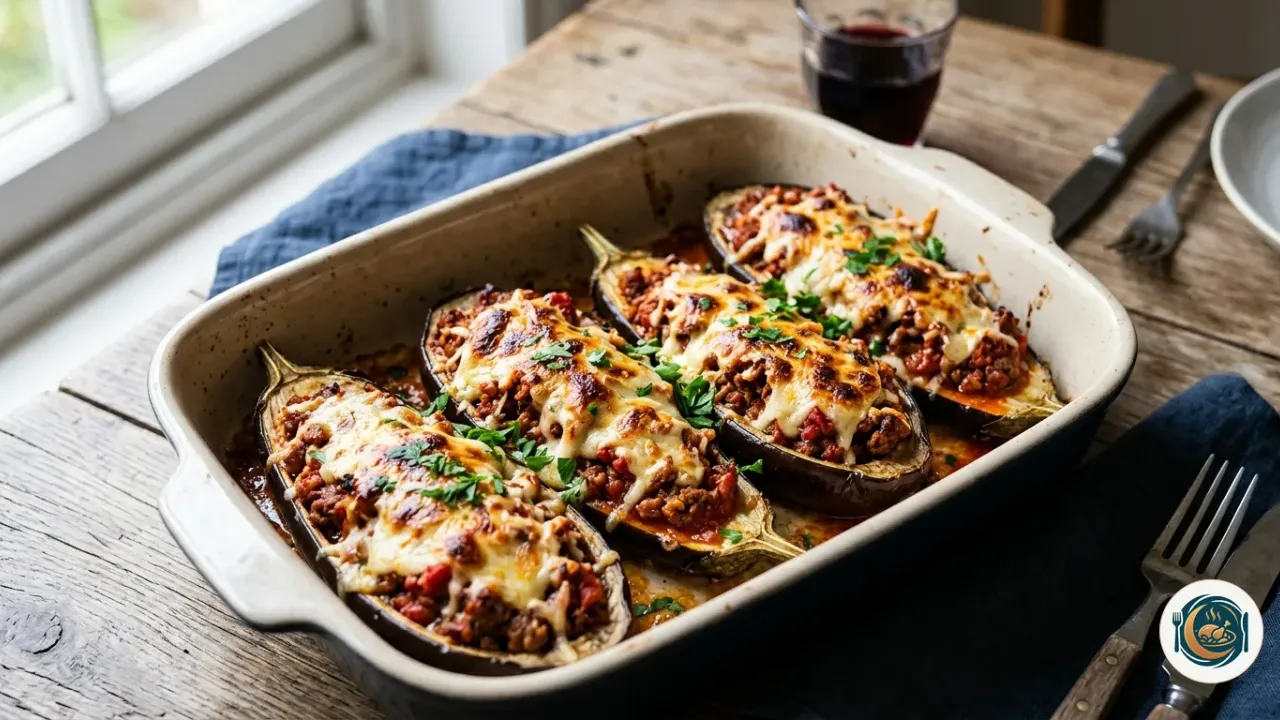 Berenjenas rellenas de carne picada con queso gratinado recién salidas del horno