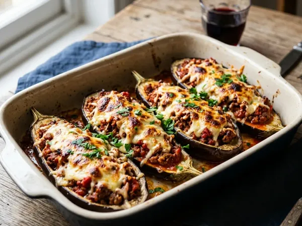 Berenjenas rellenas de carne picada con queso gratinado recién salidas del horno