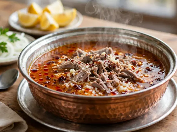 Beyran en un cuenco de cobre con limón, cebolla y pan