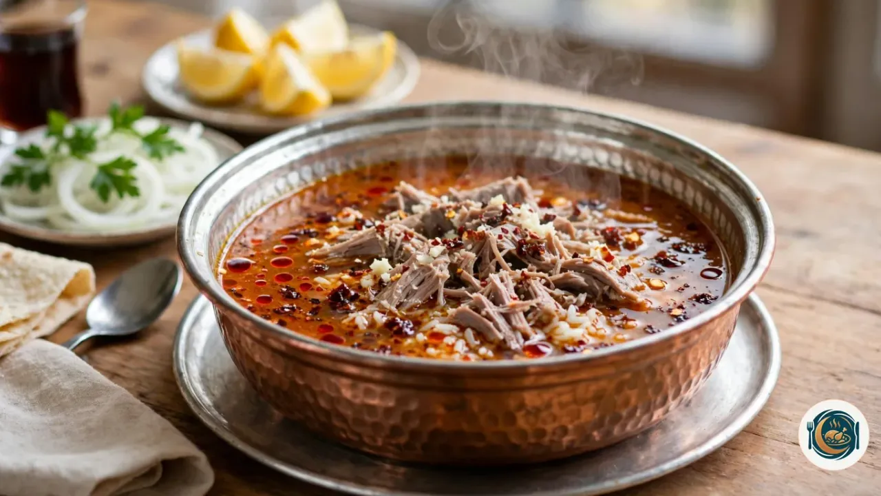 Beyran en un cuenco de cobre con limón, cebolla y pan