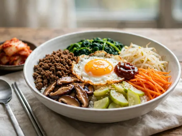 Cuenco de bibimbap con espinacas, brotes, zanahoria, calabacín, setas, carne picada y huevo frito