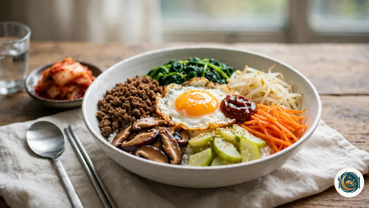 Cuenco de bibimbap con espinacas, brotes, zanahoria, calabacín, setas, carne picada y huevo frito