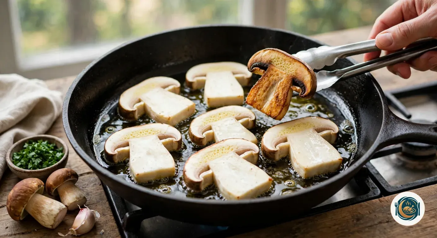 Láminas de boletus dorándose en una sartén de hierro, volteadas con pinzas
