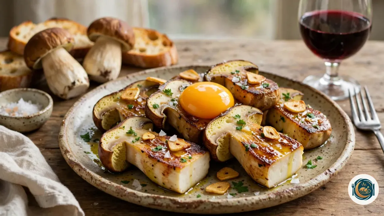 Boletus a la plancha con ajo, perejil y una yema de huevo en el centro