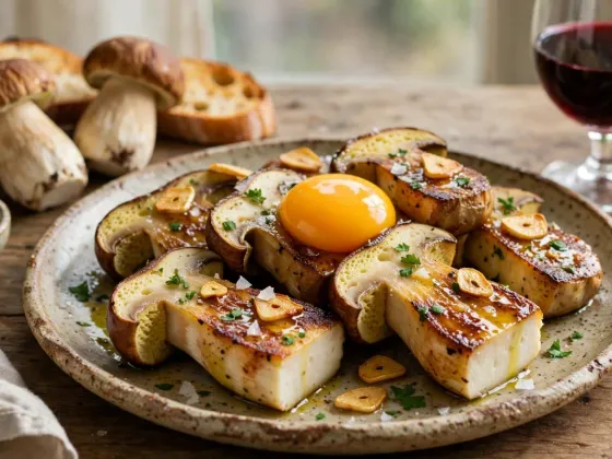 Boletus a la plancha con ajo, perejil y una yema de huevo en el centro