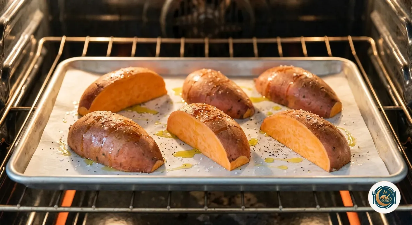 Mitades de boniato boca abajo en la bandeja del horno