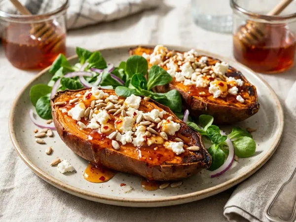 Boniato al horno abierto con queso feta, miel picante y pipas