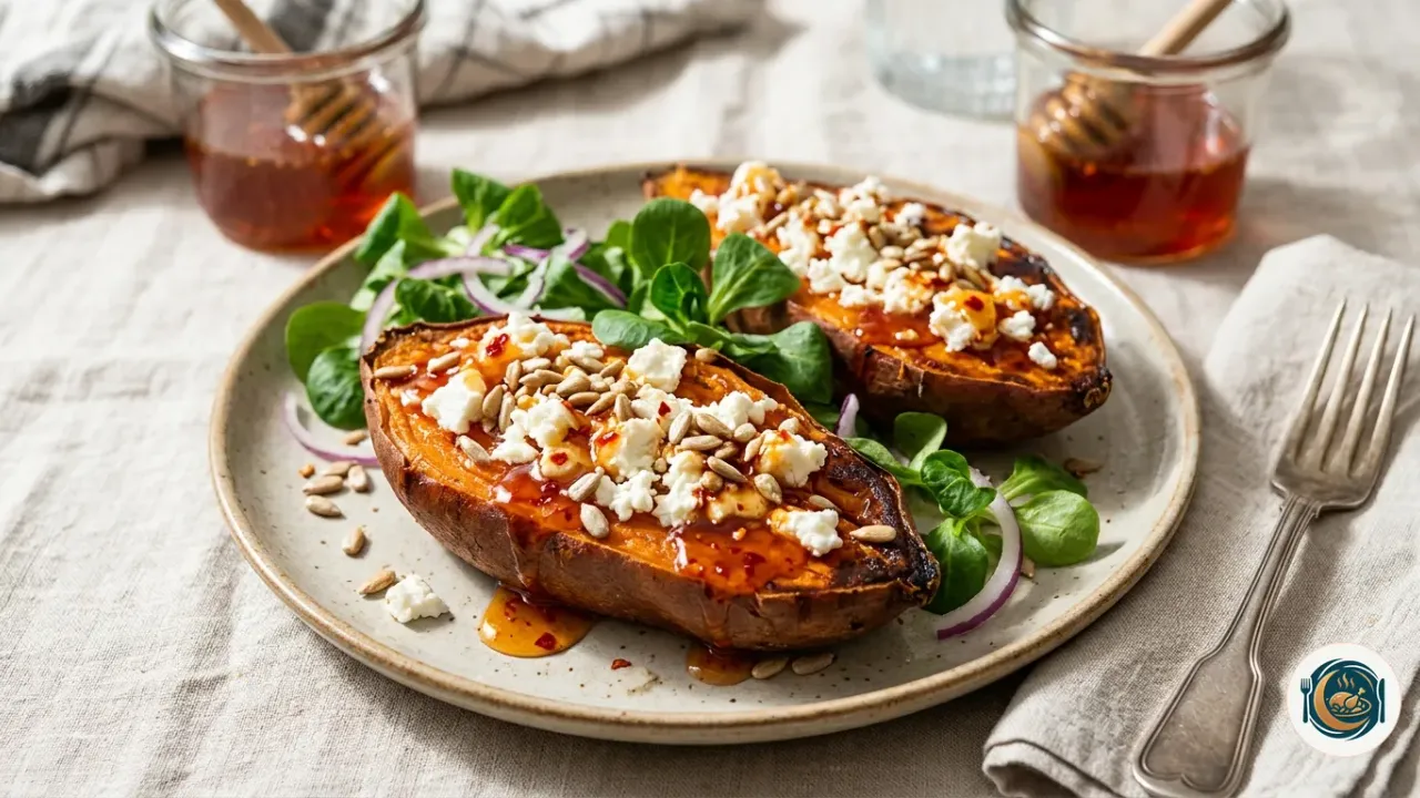 Boniato al horno abierto con queso feta, miel picante y pipas