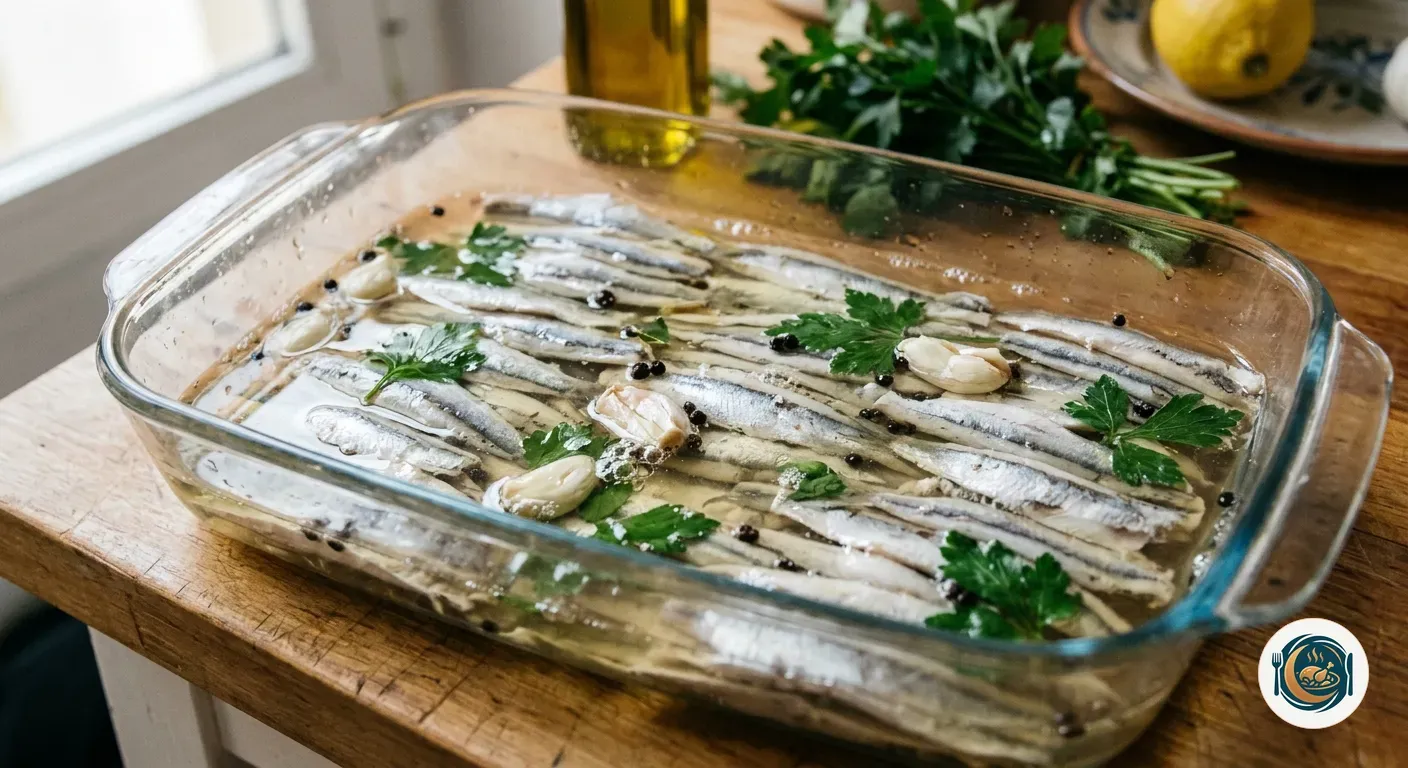 Lomos de boquerón macerando en vinagre dentro de una fuente de cristal