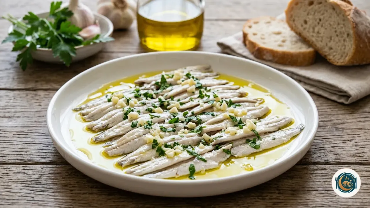 Fuente de boquerones en vinagre con ajo picado, perejil y aceite de oliva
