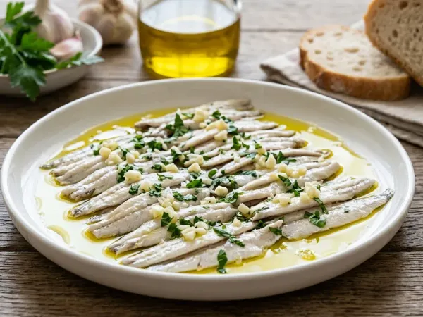 Fuente de boquerones en vinagre con ajo picado, perejil y aceite de oliva