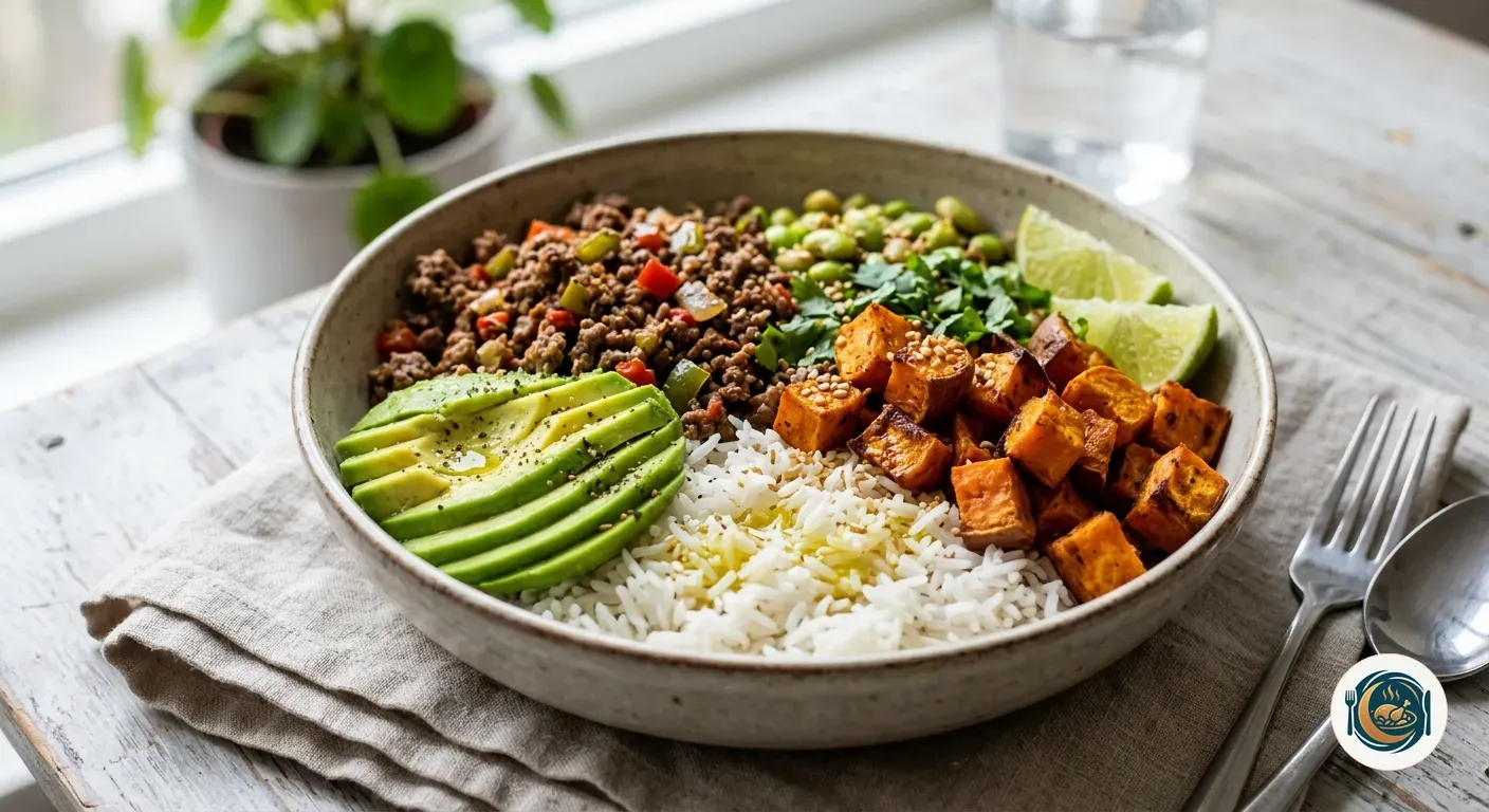 Bowl proteico con ternera, boniato, arroz y aguacate