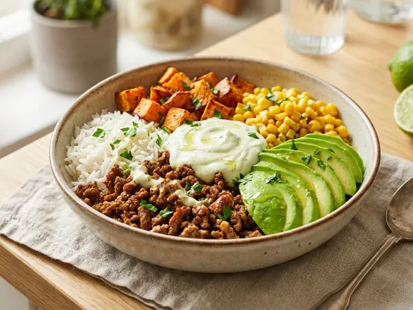 Cuenco con arroz, ternera picada, dados de boniato, maíz y láminas de aguacate
