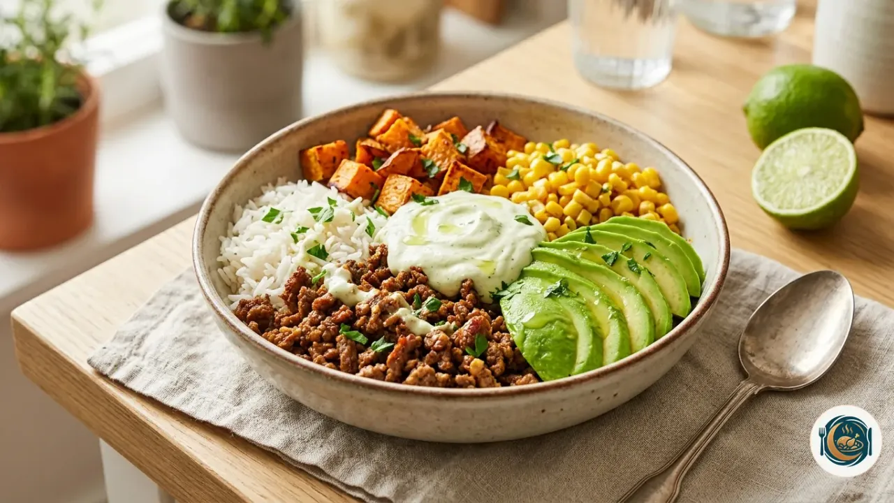 Cuenco con arroz, ternera picada, dados de boniato, maíz y láminas de aguacate