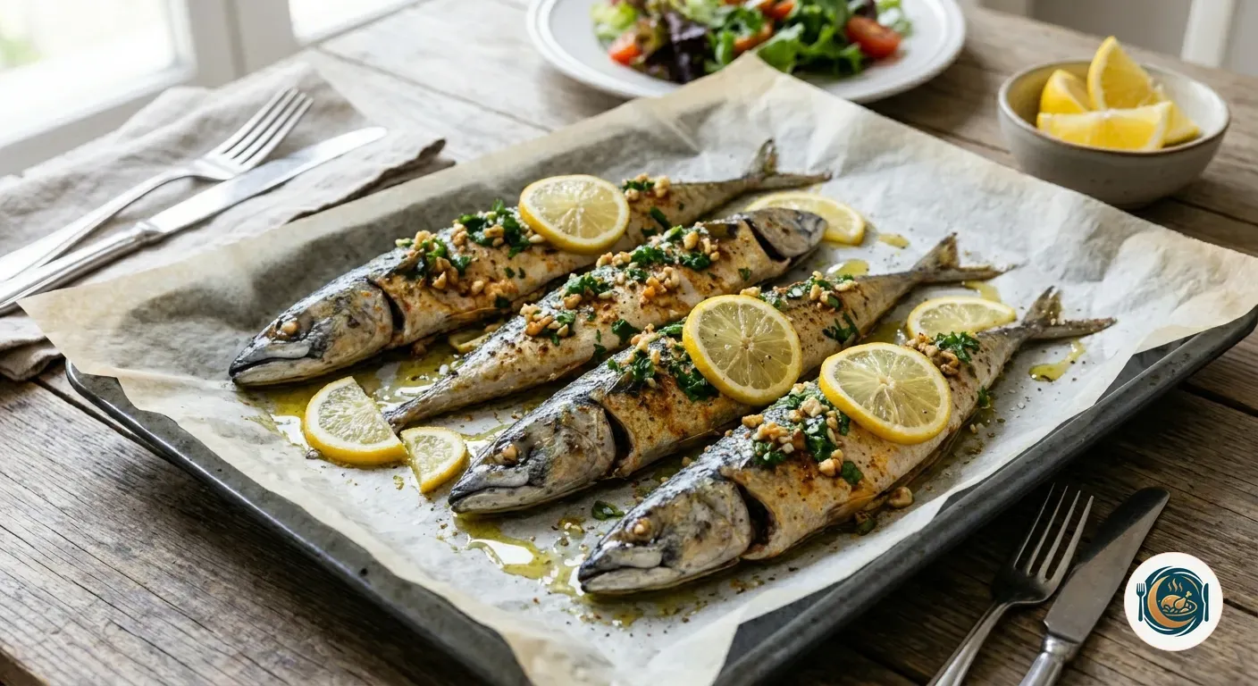 Caballa al horno con rodajas de limón y perejil sobre una bandeja de horno