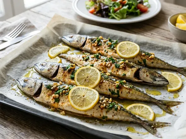 Caballa al horno dorada con rodajas de limón y perejil servida en un plato