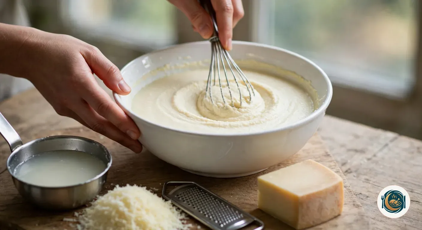 Manos batiendo con varillas una crema espesa de pecorino en un bol blanco