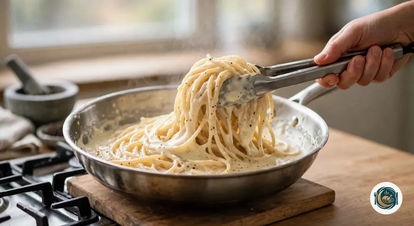 Pinzas mezclando espaguetis con crema de pecorino en una sartén fuera del fuego
