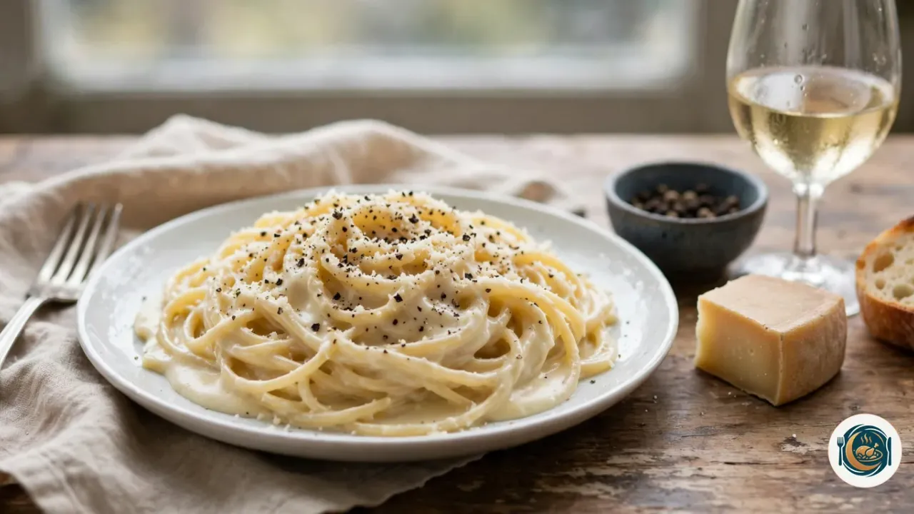 Plato de espaguetis cacio e pepe con salsa cremosa de pecorino y pimienta negra