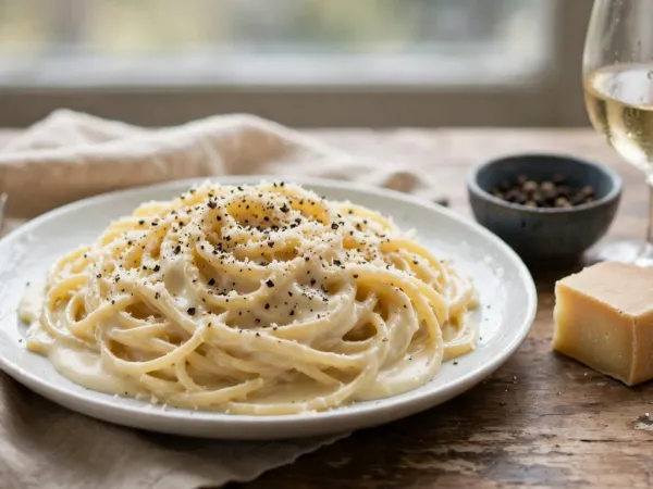 Plato de espaguetis cacio e pepe con salsa cremosa de pecorino y pimienta negra