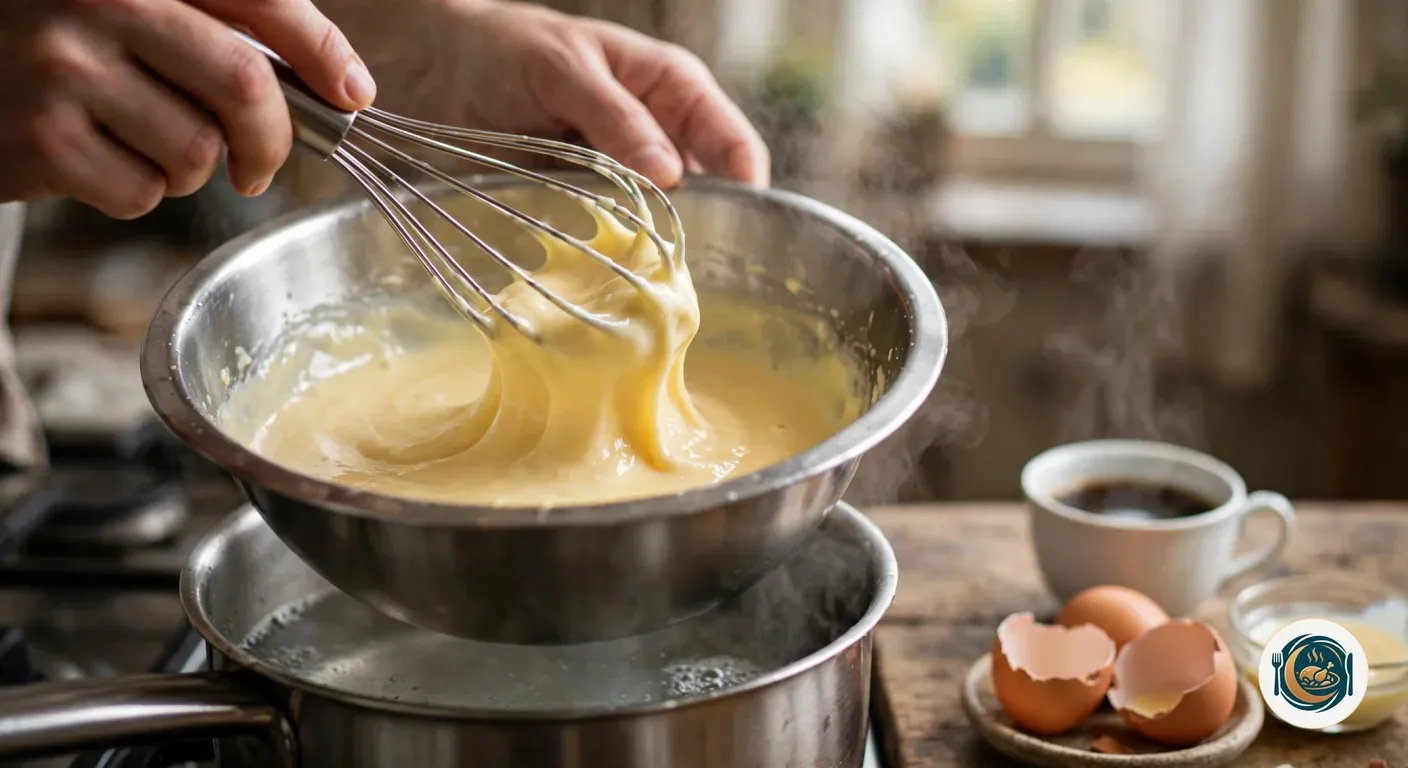 Manos batiendo la crema de yema en un cuenco al baño maría