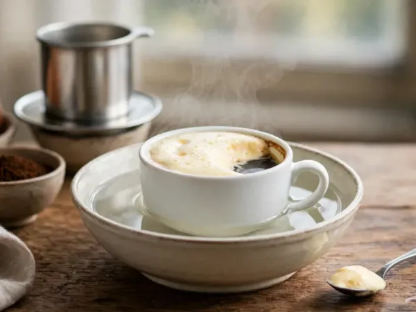Taza de café con huevo vietnamita dentro de un cuenco de agua caliente