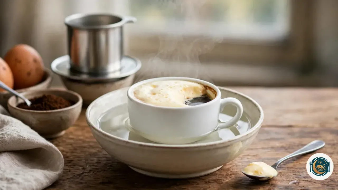 Taza de café con huevo vietnamita dentro de un cuenco de agua caliente