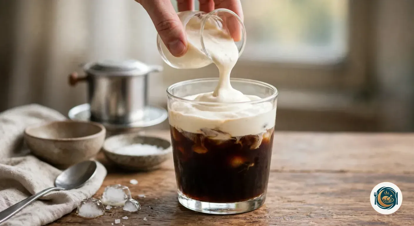 Crema salada vertida sobre un vaso de café con hielo
