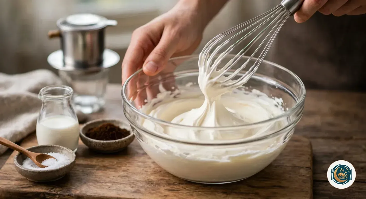 Manos batiendo con varillas la crema de nata en un cuenco de cristal