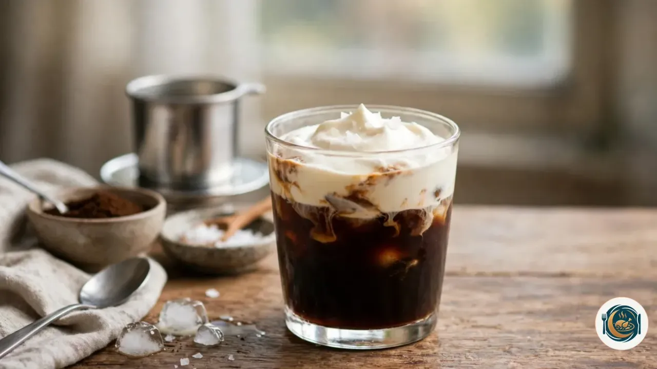 Vaso de café con sal vietnamita con hielo y una capa de crema salada