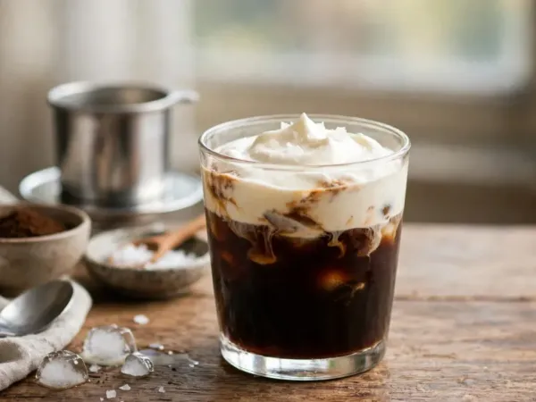 Vaso de café con sal vietnamita con hielo y una capa de crema salada