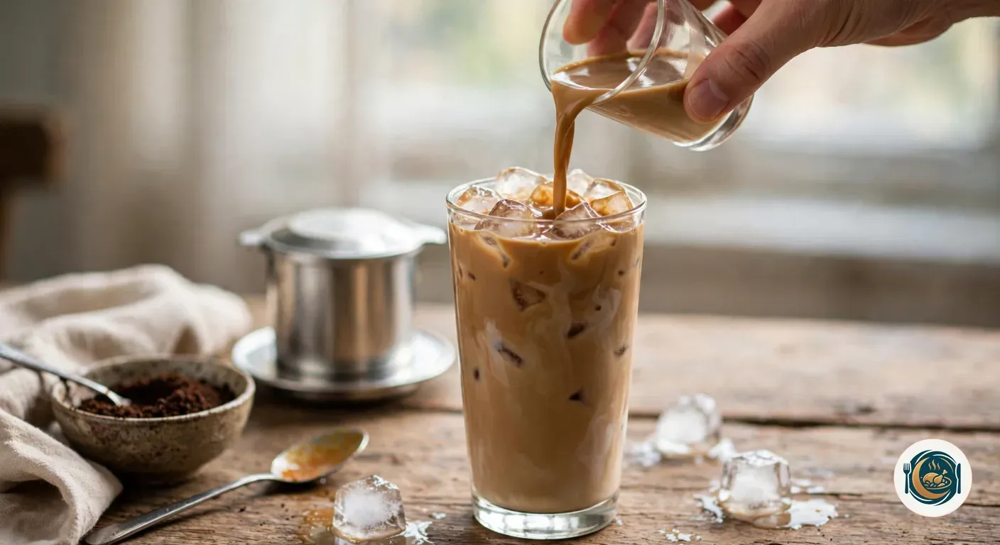 Café con leche condensada vertido sobre un vaso lleno de hielo