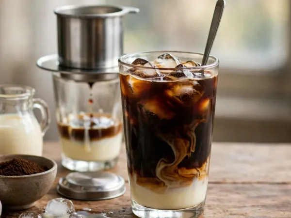 Café vietnamita con hielo y leche condensada junto a un phin goteando